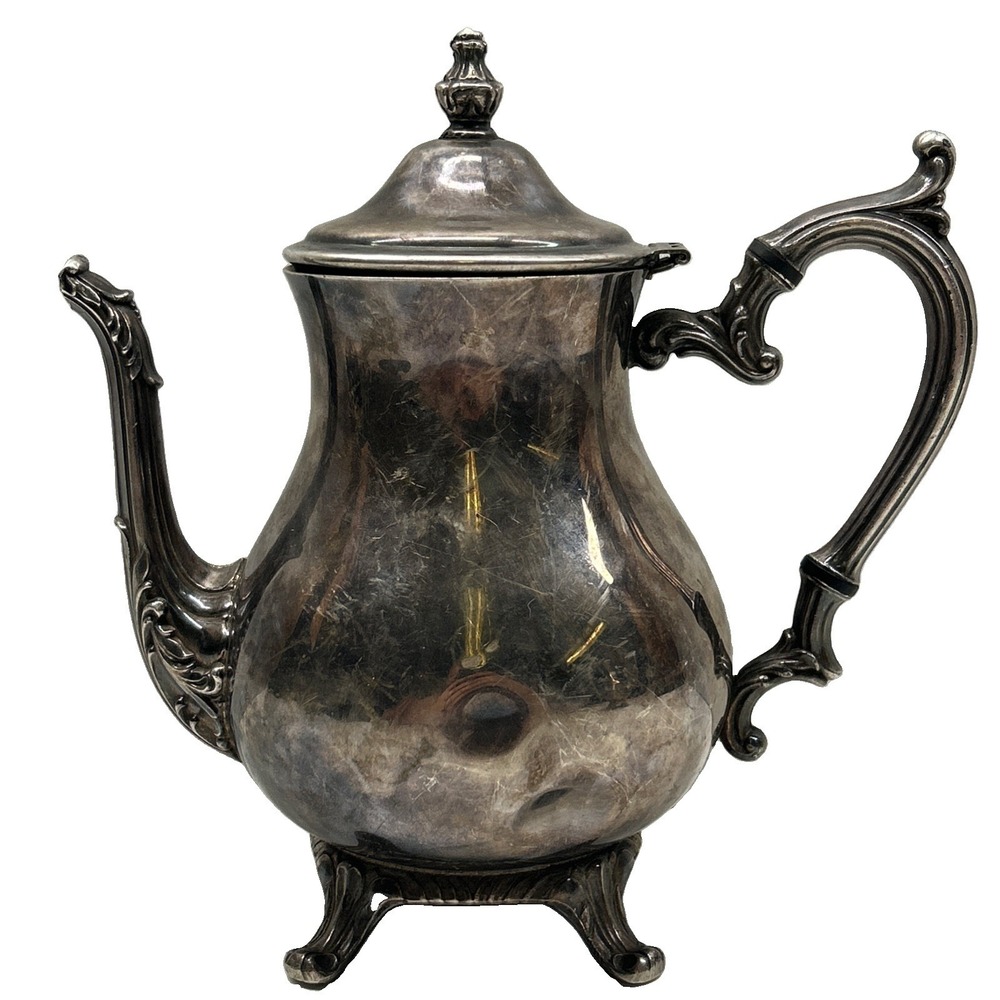 Vintage WM Rogers 800 Silverplate Coffee Pot Hinged Lid Ornate Footed